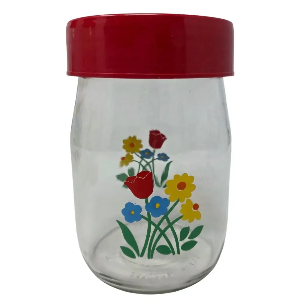 Vintage Carlton Glass Floral Canister Set 3 Red Lid Kitchen Storage Jars 80s